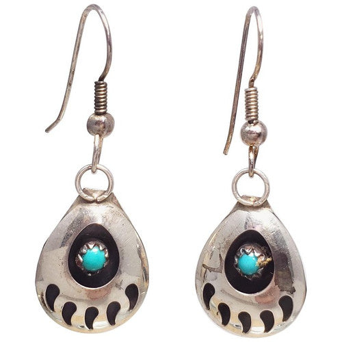 Native American Bear Claw Sterling Silver and Turquoise Dangling Earrings