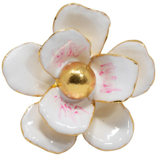 Oscar de la Renta Painted Enamel White and Pink Flower Cocktail Ring in Gold