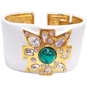 KJL Kenneth Jay Lane Crystal Maltese Cross, White Enamel Hinged Cuff Bracelet