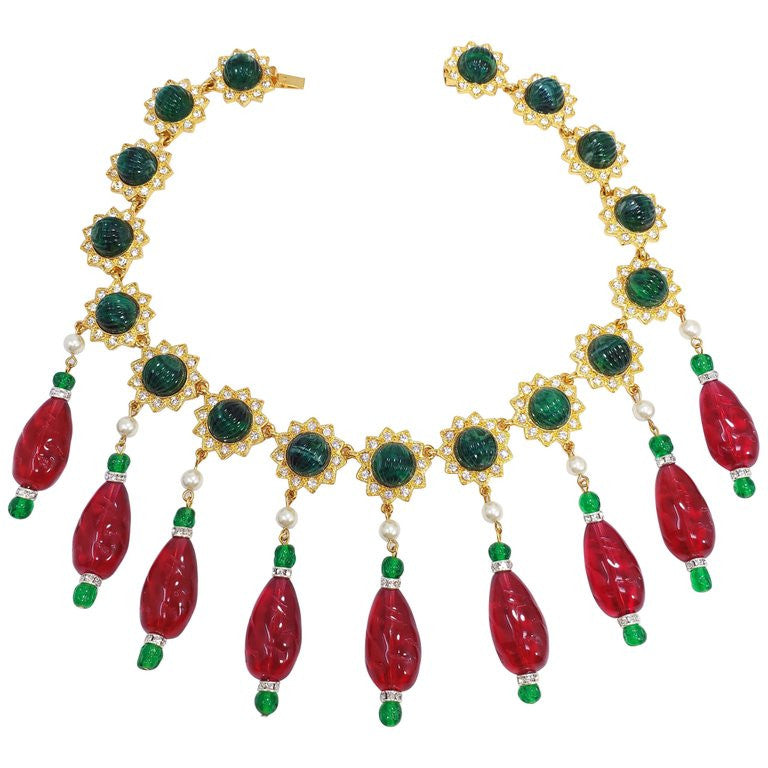 KJL Kenneth Jay Lane Red and Green Drop Accents Necklace w Faux Pearls, Crystals