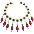 KJL Kenneth Jay Lane Red and Green Drop Accents Necklace w Faux Pearls, Crystals