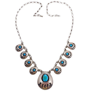 Native American Bear Claw Link Sterling Silver Turquoise Pendant Necklace