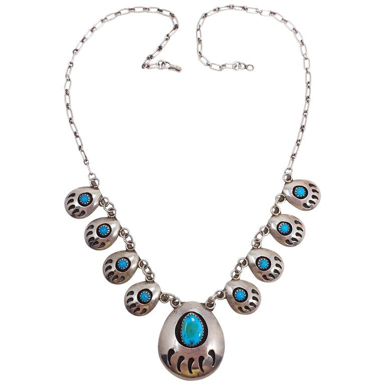 Native American Bear Claw Link Sterling Silver Turquoise Pendant Necklace