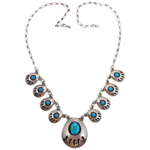 Native American Bear Claw Link Sterling Silver Turquoise Pendant Necklace