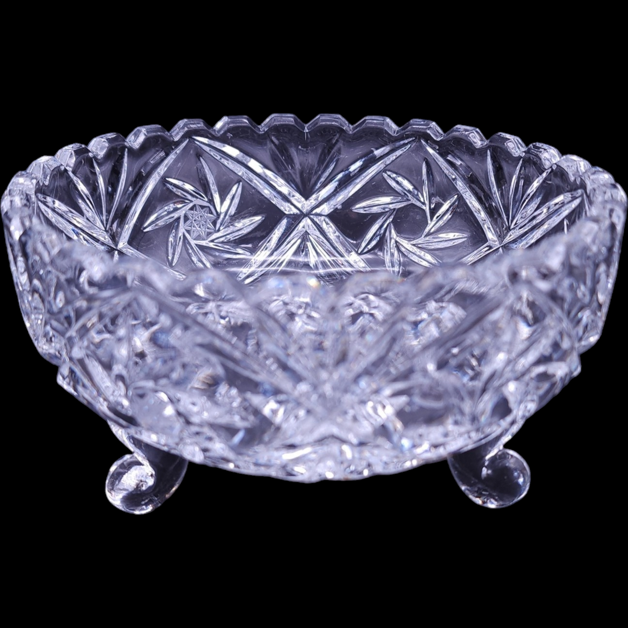 5" American Cut Lead Crystal Round 3-Toed Crimped Bowl Vase