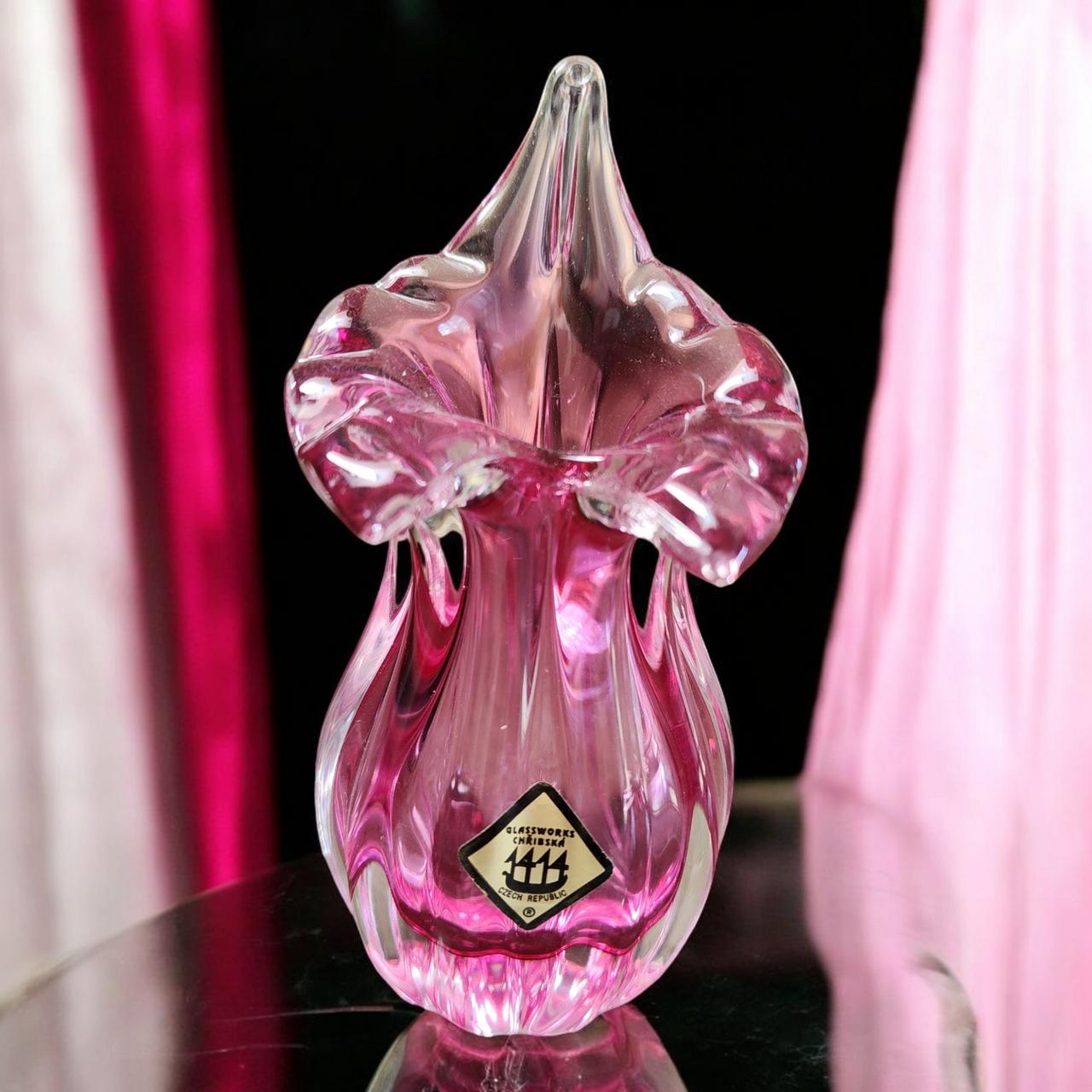 5" Chribska Glassworks Bohemian Art Glass Cranberry Optic Bud Vase