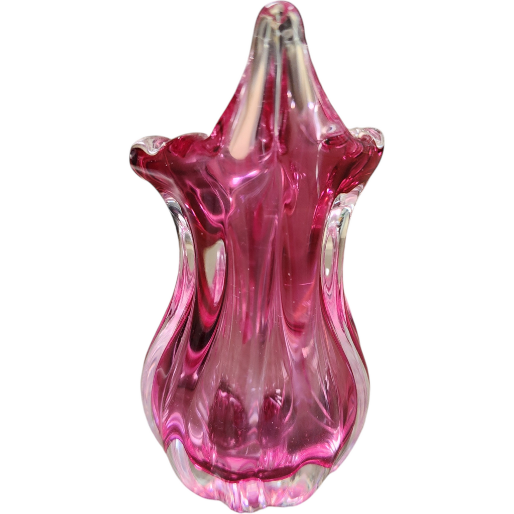 5" Chribska Glassworks Bohemian Art Glass Cranberry Optic Bud Vase