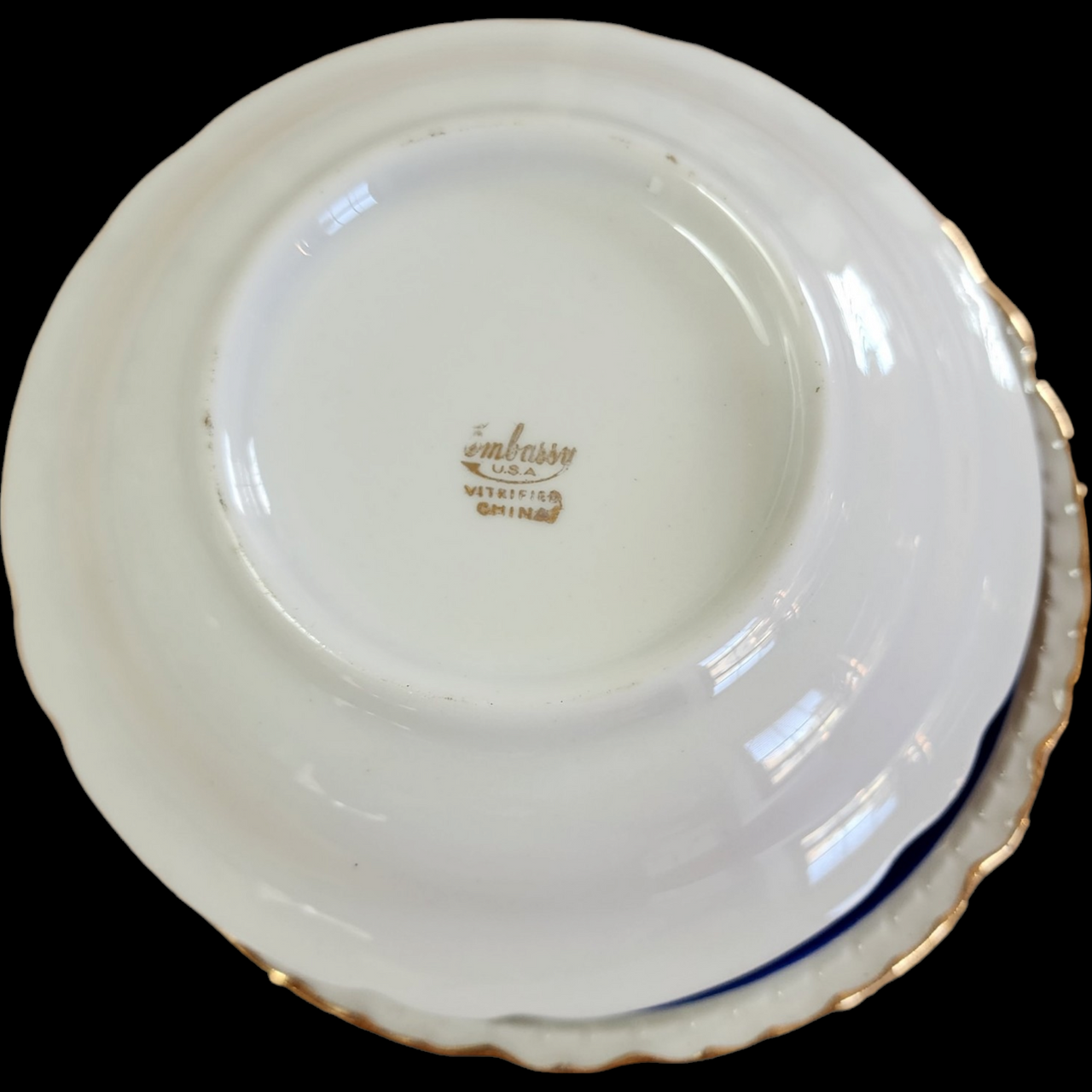 5" Embassy Vitrified China American Floral Center Cobalt Blue Band Gold Filigree Fruit Dessert Sauce Bowl