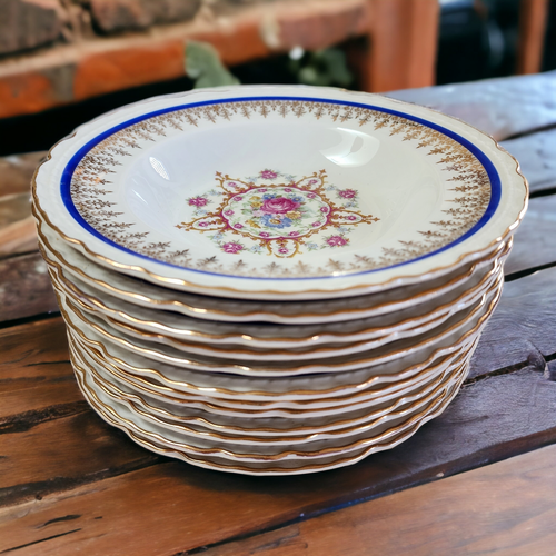 8" Embassy Vitrified China American Floral Center Cobalt Blue Band Gold Filigree Rim Soup Bowl