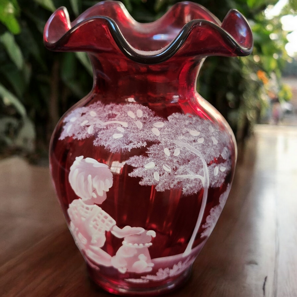 5" Fenton Cranberry Glass Hand-Painted Vase with Mary Gregory Style Enamel