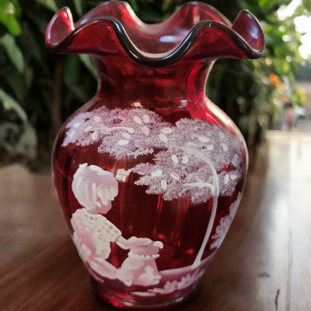 5" Fenton Cranberry Glass Hand-Painted Vase with Mary Gregory Style Enamel