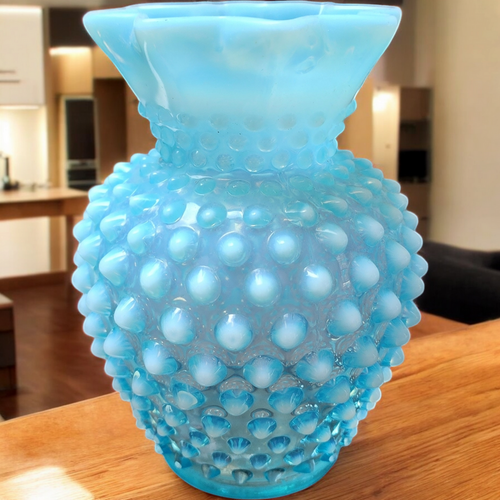 5" Fenton Hobnail Bluer Opalescent 8-Point Flared Vase