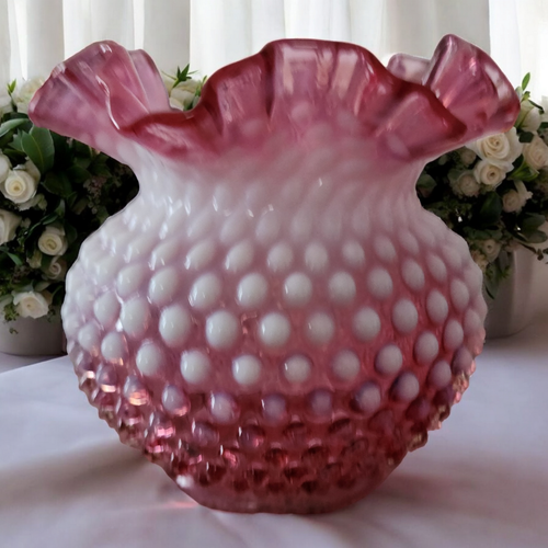 5" Fenton Hobnail Cranberry Opalescent Double Crimped Vase