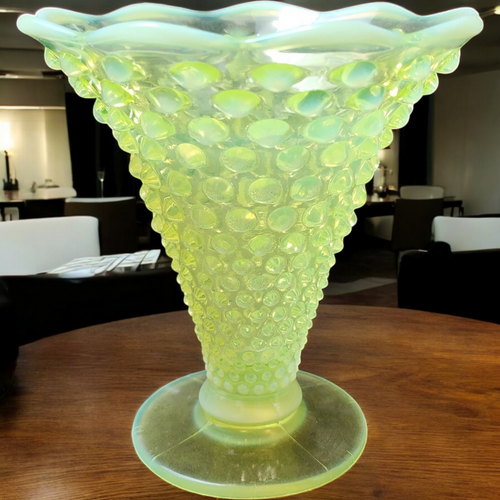 5" Fenton Hobnail Topaz Opalescent Footed Crimped Vase