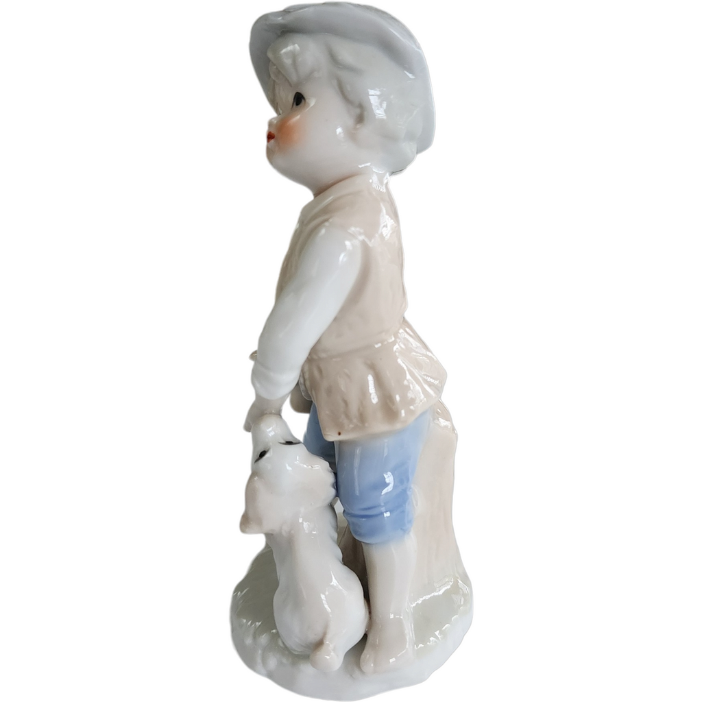 5" Lego Blue & White Boy with Dog Glazed Porcelain Figurine Japan