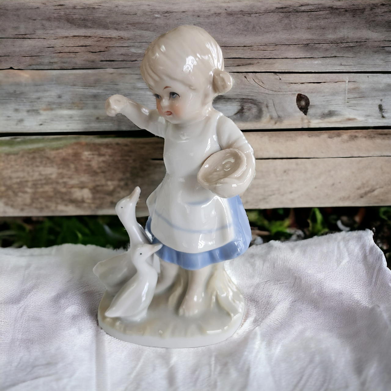5" Lego Blue & White Girl Glazed Porcelain Figurine Japan