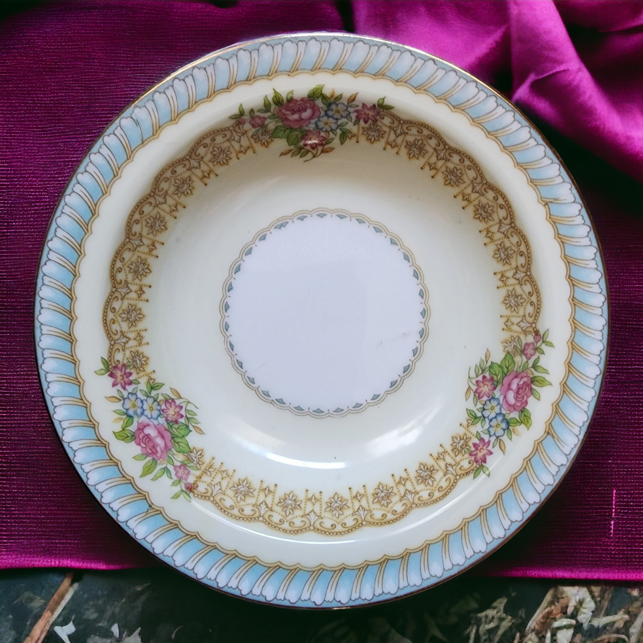 5" Noritake Juno Blue & Tan Band Flowers Tan Scrolls Rim Fruit Dessert Sauce Bowl Japan