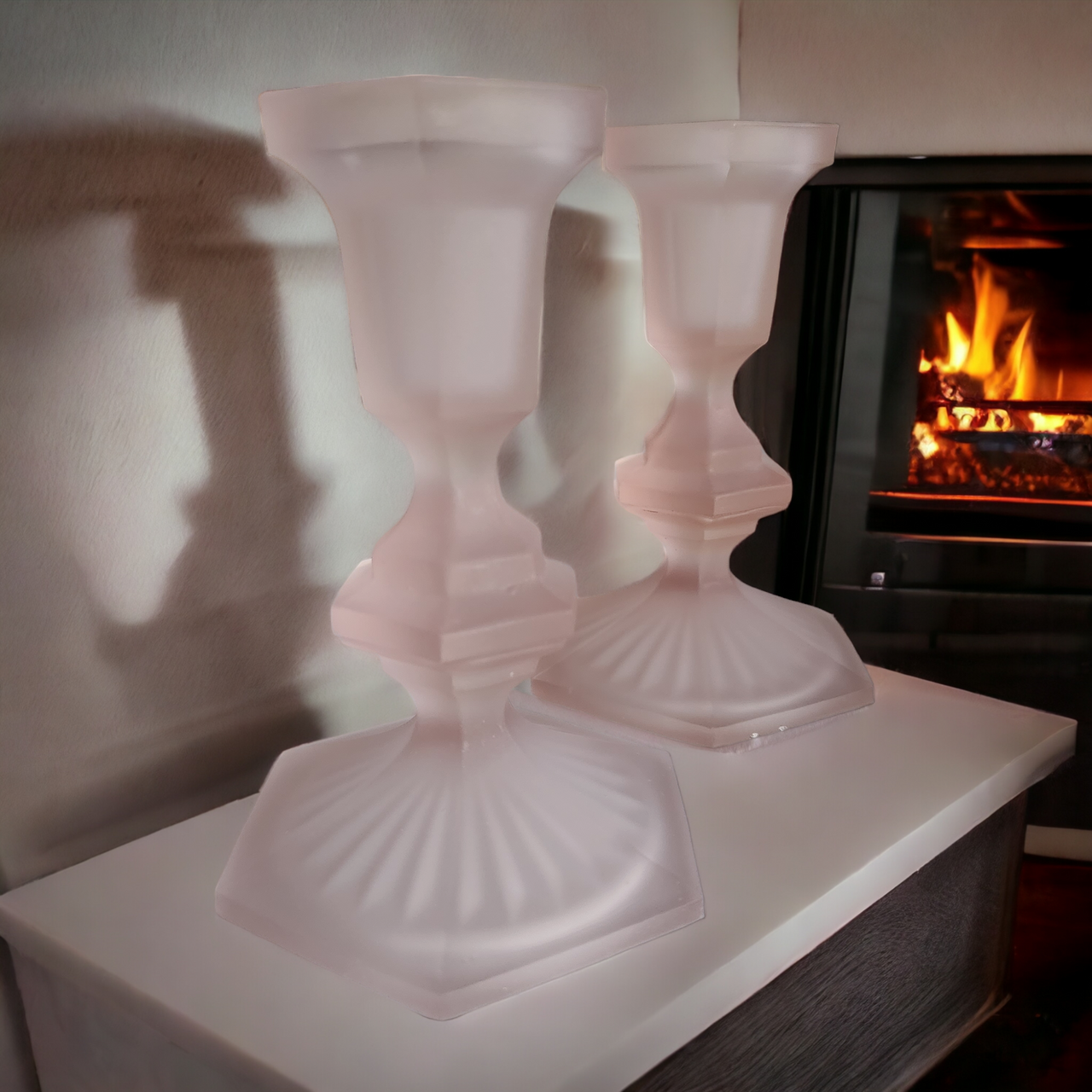 5" Pink Frosted Satin Depression Glass Candle Holders Pair