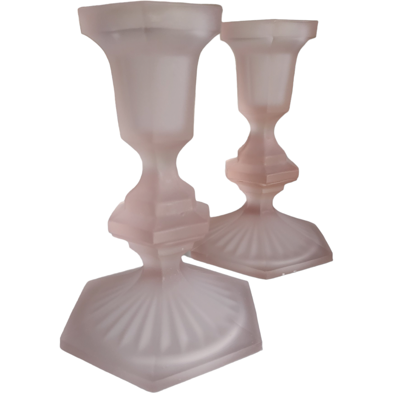 5" Pink Frosted Satin Depression Glass Candle Holders Pair