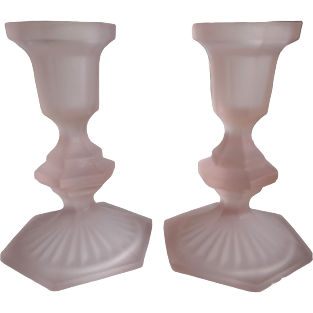 5" Pink Frosted Satin Depression Glass Candle Holders Pair
