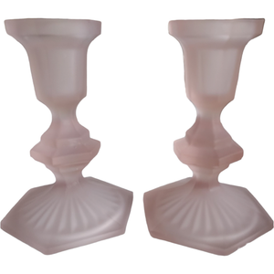 5" Pink Frosted Satin Depression Glass Candle Holders Pair
