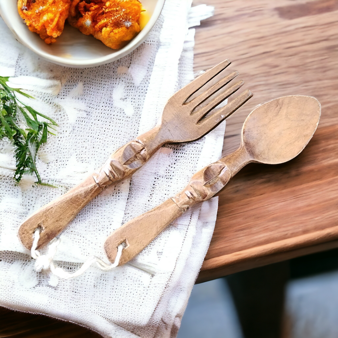 5" Primitive Tribal Carved Wood Fork and Spoon