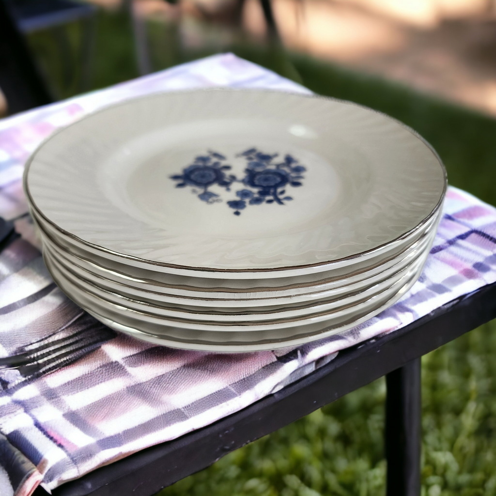 5" Wedgwood Royal Blue Floral Center Swirled Rim Bread & Butter Plate Set of 5