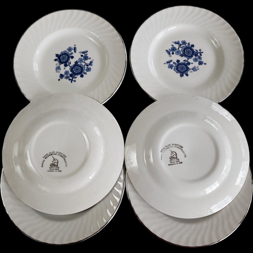 5" Wedgwood Royal Blue Floral Center Swirled Rim Bread & Butter Plate Set of 5