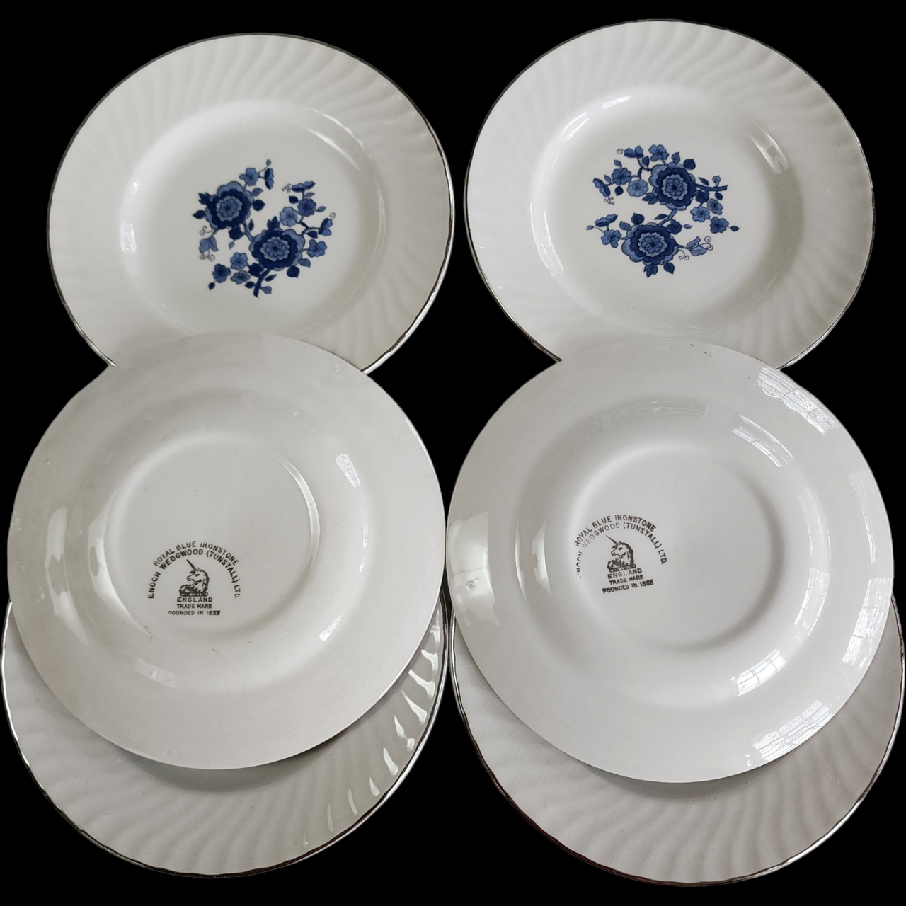 5" Wedgwood Royal Blue Floral Center Swirled Rim Bread & Butter Plate Set of 5