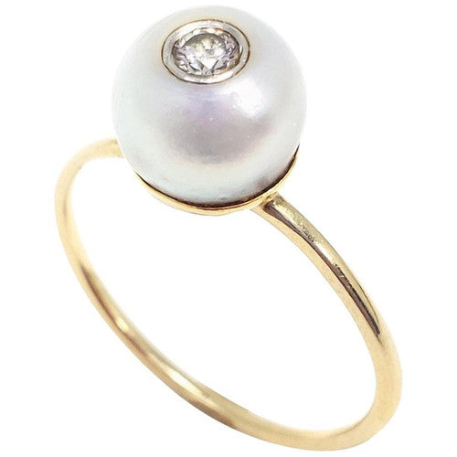 Tahitian Pearl and Bezel Diamond 14 Karat Gold Ring, Band