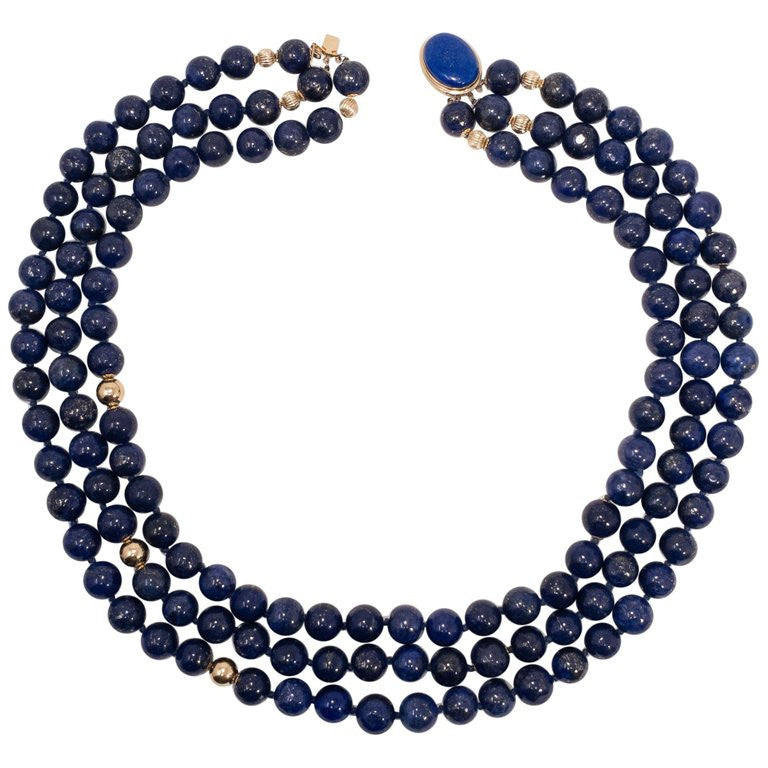 Lapiz Lazuli Triple Strand Knotted String Bead Necklace 14K Gold Clasp, Accents