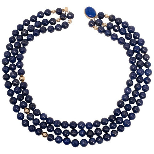 Lapiz Lazuli Triple Strand Knotted String Bead Necklace 14K Gold Clasp, Accents