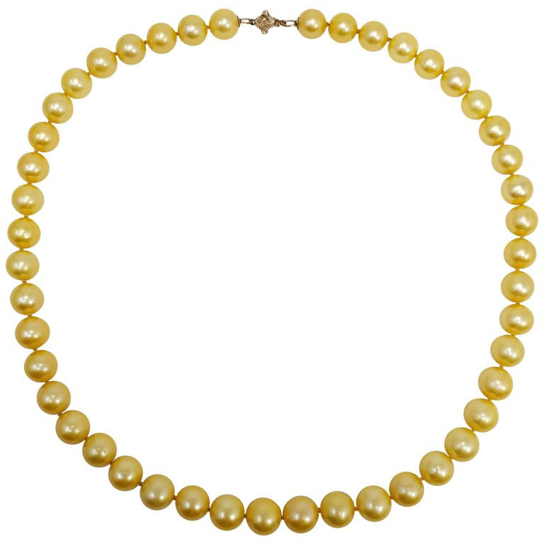 Genuine South Sea Pearl Bead Knotted String Necklace with 14 Karat Yellow Gold
