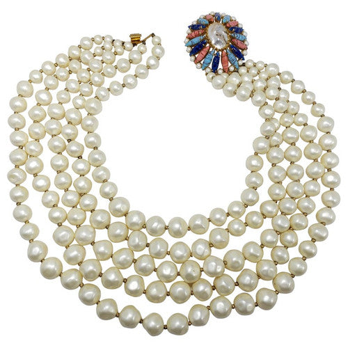 Marvella Five Strand Faux Pearl Necklace & Crystal Clasp
