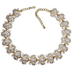 KJL Kenneth Jay Lane Floral Gold Crystal and Faux Pearl Leaf Link Necklace