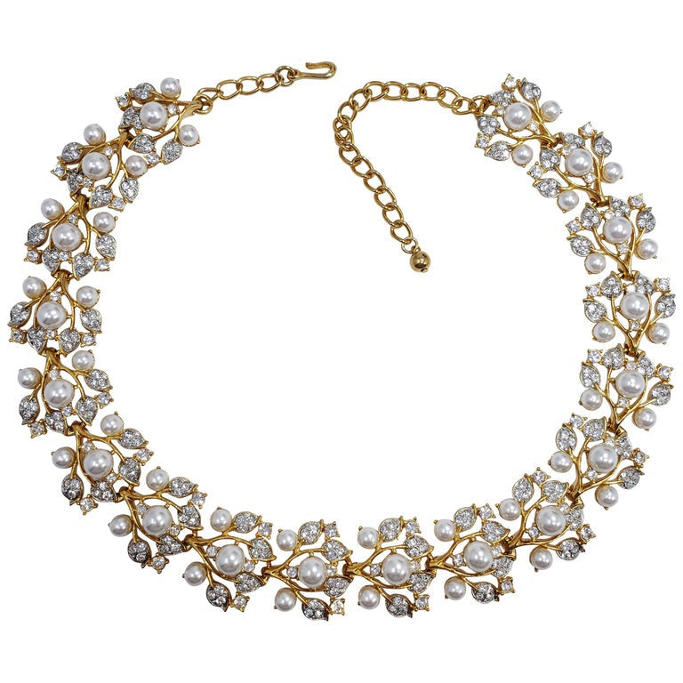 KJL Kenneth Jay Lane Floral Gold Crystal and Faux Pearl Leaf Link Necklace