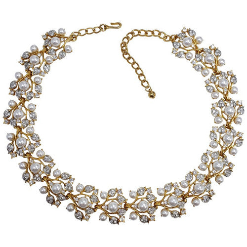 KJL Kenneth Jay Lane Floral Gold Crystal and Faux Pearl Leaf Link Necklace