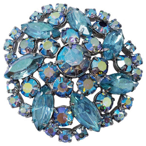 Aurora Borealis Crystal Round Abstract Flower Motif Brooch in Silver, mid 1900s