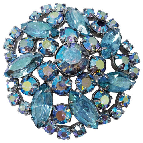 Aurora Borealis Crystal Round Abstract Flower Motif Brooch in Silver, mid 1900s