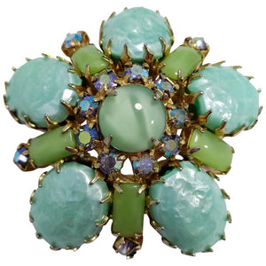 Aurora Borealis Crystal and Opaque Green Cabochon Round Pin Brooch, Mid 1900s