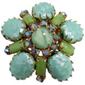 Aurora Borealis Crystal and Opaque Green Cabochon Round Pin Brooch, Mid 1900s