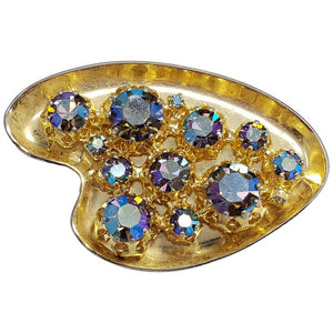 Painting Easel Motif Pin Brooch with Aurora Prong Set Borealis Crystals in Gold
