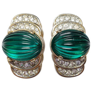 Art Deco Carved Green Open Back Crystal Clip on Earrings in Gold, Early 1900s Back Hardw