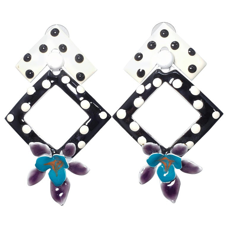 Painted Enamel Polka-Dot Flower Earrings, Post Backs, Black White Teal Purple