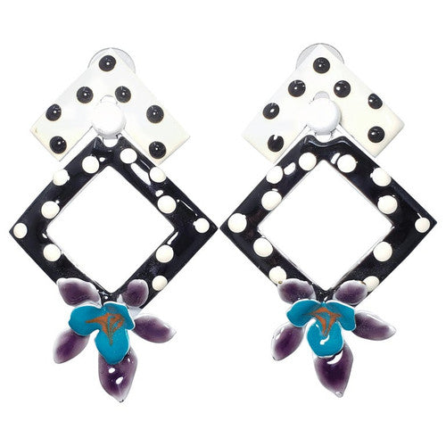 Painted Enamel Polka-Dot Flower Earrings, Post Backs, Black White Teal Purple