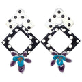 Painted Enamel Polka-Dot Flower Earrings, Post Backs, Black White Teal Purple