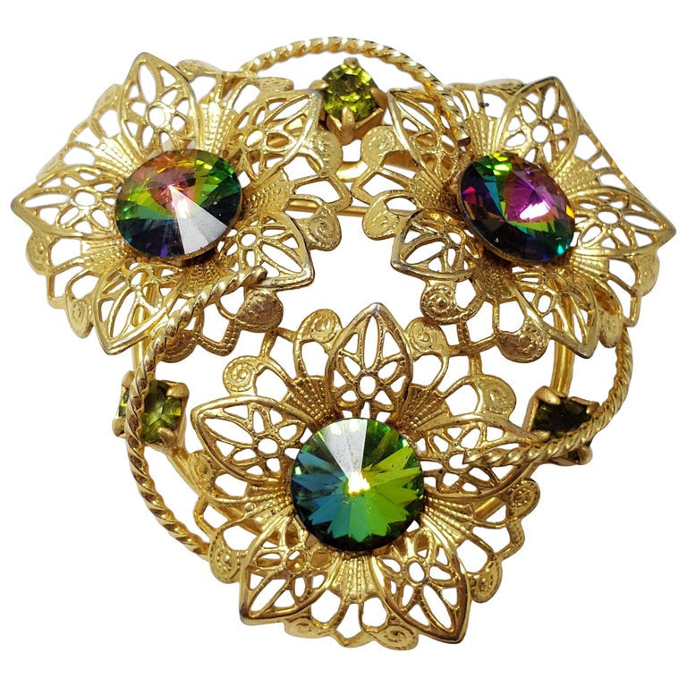 Watermelon Rivoli Crystal Flower Pin Brooch in Gold, Early-Mid 1900s
