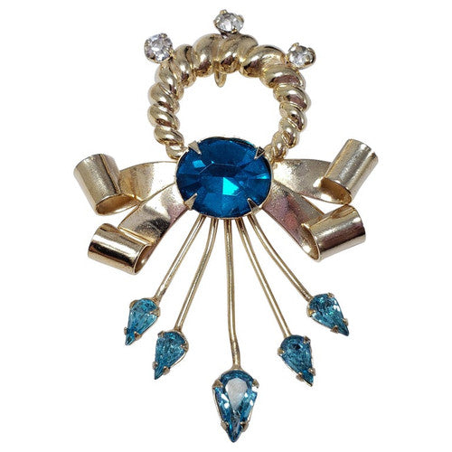 Scitarelli Flower and Bow Blue and White Crystal Pin Brooch Pendant, 1950s