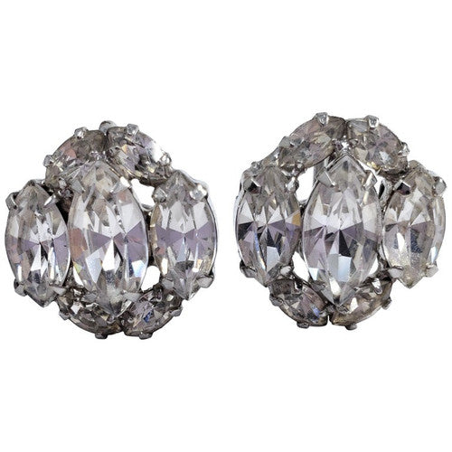 Clear Crystal Cluster Earrings in Silver, Mid 1900s, Prong Set, Screw Back Hardw