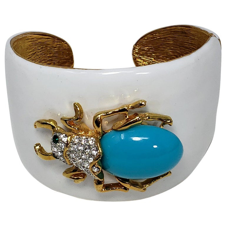 KJL Kenneth Jay Lane White Enamel Crystal  Resin Scarab Cuff Bracelet in Gold